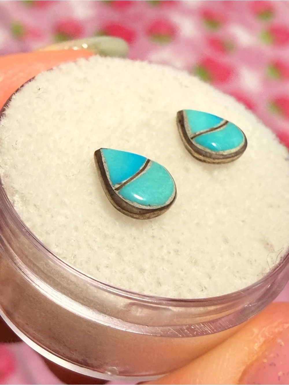 Vintage Zuni-Style Teardrop Turquoise Channel Inlay Sterling Silver Earrings - Picture 7 of 7